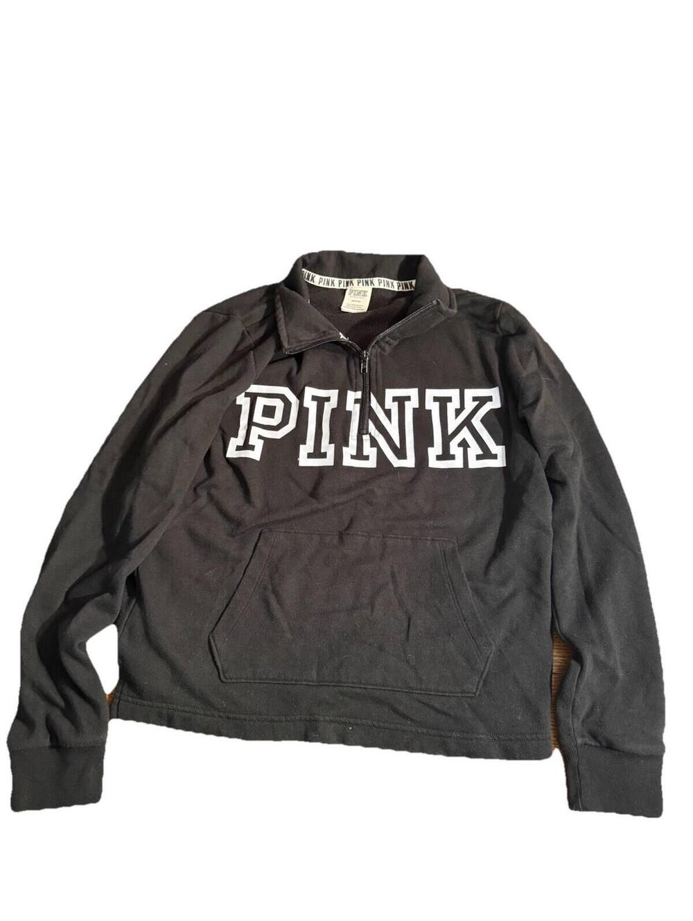Victoria Secret PINK 1/4 Zip Pullover With Pocket Soft Black White Medium
